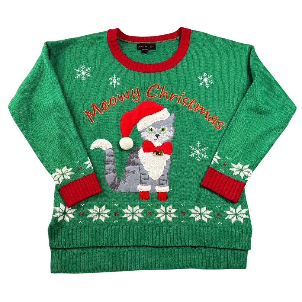 Blizzard Bay Meowy Christmas Sweater Green Cat Jingle Bells Women Large S61223